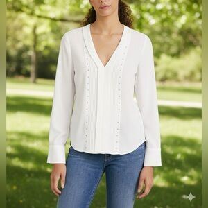 White House Black Market White Pintuck Blouse Sheer Size 8P (Petite)